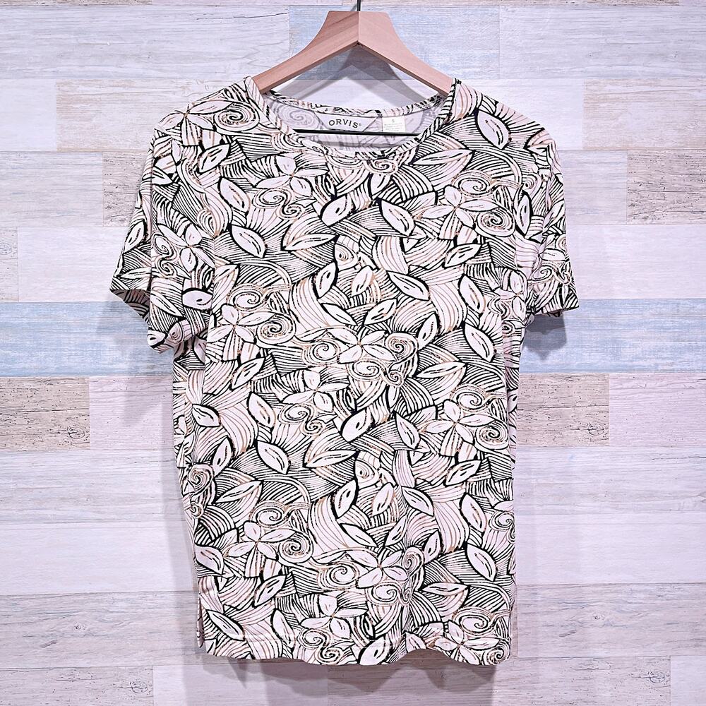 ORVIS Stretchy Ribbed Knit Top Beige Leaf Print Vintage Casual Womens Small